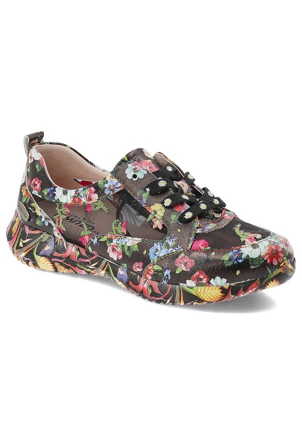 Sneakersy damskie Laura Vita, cholewka ze skóry naturalnej z delikatną siateczką wzór kwiatowy sznurowane lekka podeszwa wygodny fason, czarne, Jocta. Okazja: na co dzień. Zapięcie: sznurówki. Kolor: czarny. Materiał: skóra. Szerokość cholewki: normalna. Wzór: kwiaty. Styl: klasyczny, casual