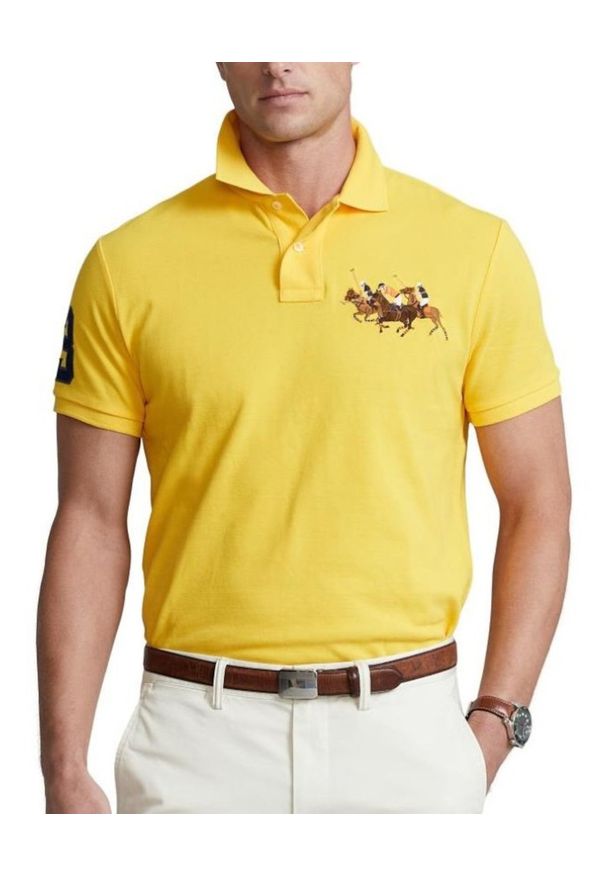 Ralph Lauren - RALPH LAUREN - Żółta koszulka polo Custom Slim Fit. Typ kołnierza: polo. Kolor: żółty. Materiał: bawełna, mesh. Wzór: aplikacja, haft, kolorowy, ze splotem