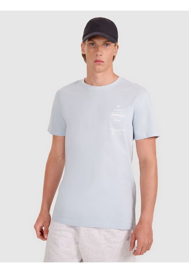 4f - 4F T-shirt regular z nadrukiem męski - niebieski S. Okazja: na co dzień. Kolor: niebieski. Materiał: jersey, bawełna, dzianina. Długość rękawa: krótki rękaw. Długość: krótkie. Wzór: nadruk. Styl: sportowy, klasyczny, casual
