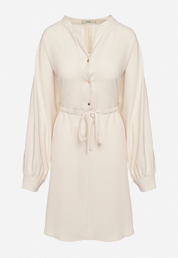 Born2be - Beżowa Sukienka z Wiązaniem w Talii z Koszulową Górą Leandia. Okazja: na co dzień. Kolor: beżowy. Materiał: skóra. Typ sukienki: koszulowe. Styl: casual, elegancki