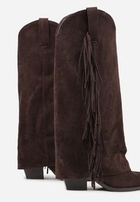 Renee - Ciemnobrązowe Kozaki Kowbojki na Stożku z Cholewką Imitującą Nogawkę z Frędzlami Monettea. Kolor: brązowy. Materiał: jeans. Szerokość cholewki: normalna. Obcas: na stożku #6