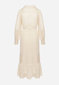 Born2be - Beżowa Koszulowa Sukienka z Lnu i Wiskozy z Paskiem w Komplecie z Ażurowym Zdobiebiem Eleces. Okazja: na co dzień, na imprezę. Kolor: beżowy. Materiał: wiskoza, len. Długość rękawa: długi rękaw. Wzór: ażurowy. Typ sukienki: koszulowe. Styl: casual, elegancki #2