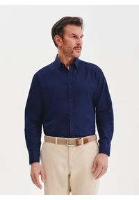 Pako Lorente - PAKO LORENTE - Granatowa koszula męska z lnem. Kolor: niebieski, biały. Materiał: len. Długość rękawa: długi rękaw. Długość: długie. Sezon: wiosna #1