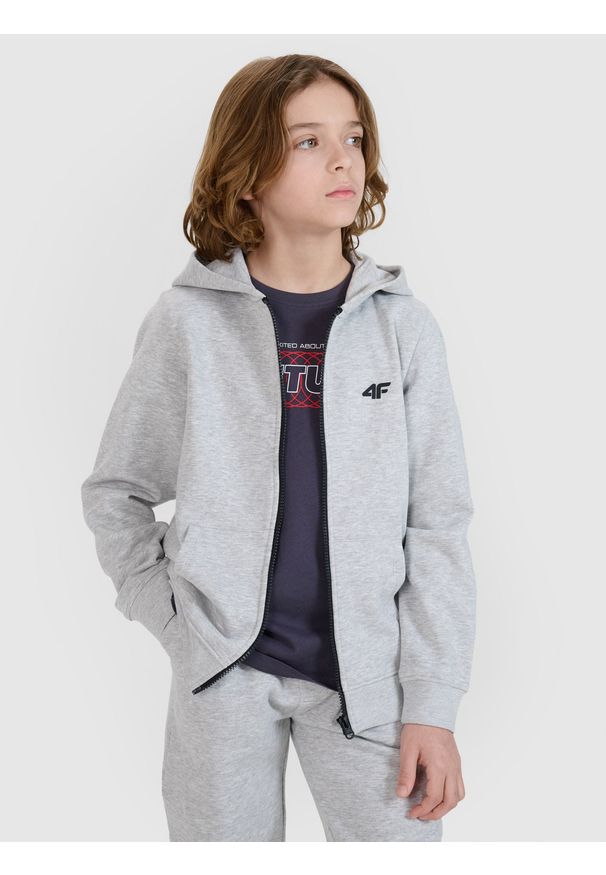 4f - 4F Bluza dresowa rozpinana z kapturem chłopięca - szara 140 (9-10 lat). Okazja: na co dzień. Typ kołnierza: kaptur. Kolor: szary. Materiał: dresówka. Wzór: gładki, ze splotem. Sezon: lato. Styl: sportowy, casual