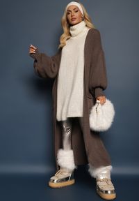 Renee - Ciemnoszary Kardigan Długi z Bufiastym Rękawem Mesho. Kolor: szary. Materiał: jeans. Długość: długie. Styl: elegancki #4