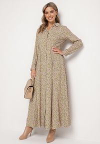 Born2be - Zielono-Beżowa Sukienka Perippe. Kolor: zielony. Wzór: kolorowy, aplikacja, kwiaty, nadruk. Typ sukienki: rozkloszowane, koszulowe. Długość: maxi #4