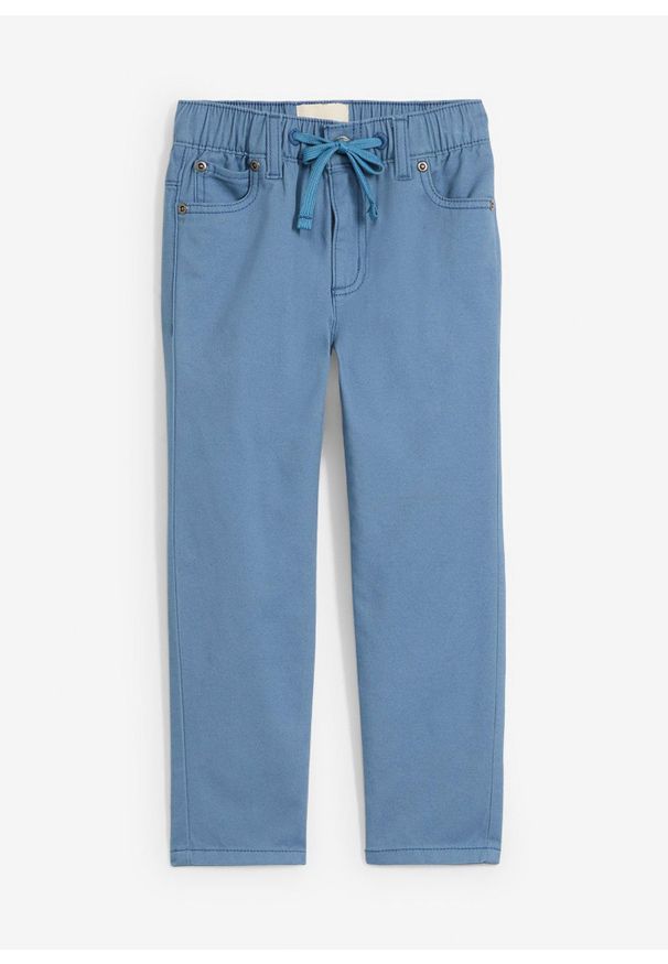 bonprix - Bawełniane spodnie z gumką w talii regular fit, prosta nogawka. Kolor: niebieski. Materiał: bawełna