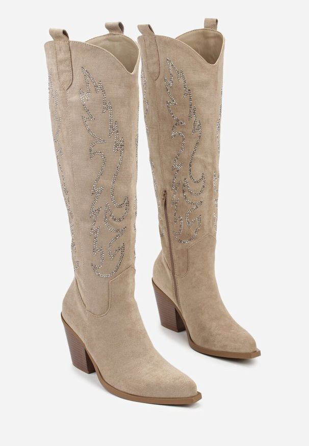 Born2be - Ciemnobeżowe Kozaki Kowbojki na Stożku z Cholewką w Cyrkoniowy Wzór Nalimia. Okazja: na co dzień. Kolor: beżowy. Materiał: jeans. Szerokość cholewki: normalna. Obcas: na stożku. Styl: elegancki, casual, boho. Wysokość obcasa: średni