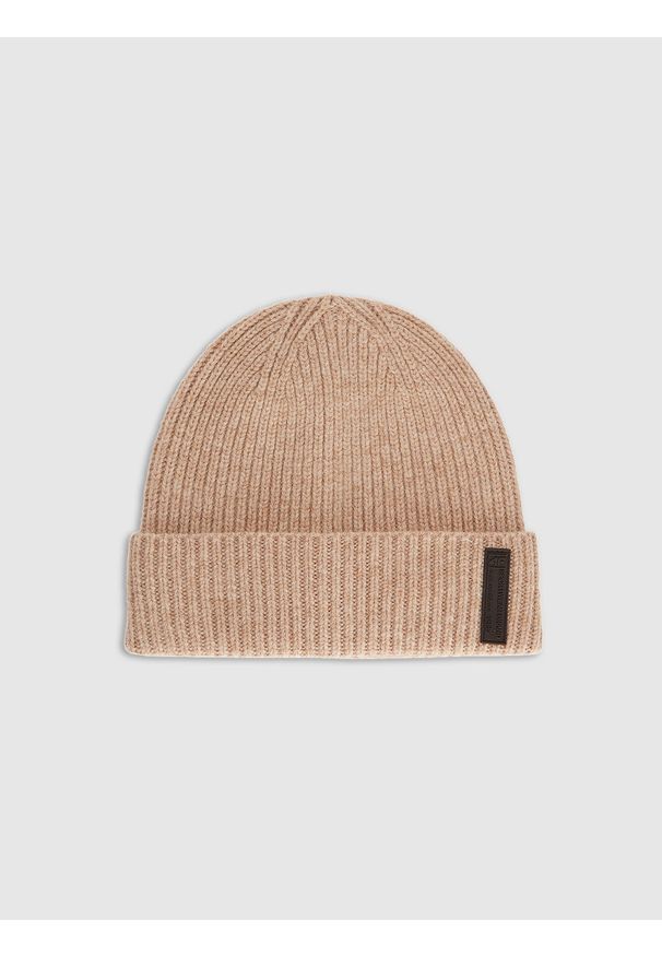 4f - 4F Czapka beanie męska - beżowa L. Kolor: beżowy. Materiał: wełna, dzianina. Sezon: zima. Styl: klasyczny, casual, elegancki