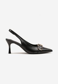 Renee - Czarne Sandały na Szpilce Slingback Ozdobione Metaliczną Klamrą Zeornna. Okazja: na co dzień. Zapięcie: klamry. Kolor: czarny. Wzór: aplikacja. Obcas: na szpilce. Styl: casual, elegancki #4