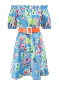 Born2be - Niebieska Sukienka Satynowa Theophanthe. Okazja: na ślub cywilny, na wesele. Typ kołnierza: dekolt hiszpanka. Kolor: niebieski. Materiał: satyna. Wzór: aplikacja, kolorowy. Długość: mini #6