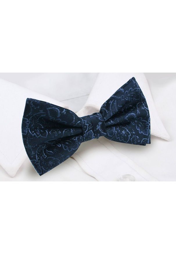 Męska Mucha (Poszetka w Zestawie) - Chattier - Granat, Delikatne Kwiaty. Kolor: niebieski. Wzór: kwiaty. Styl: elegancki, sportowy