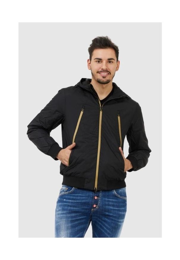 EA7 Emporio Armani - EA7 Czarna kurtka męska ze złotymi zamkami, Rozmiar S. Typ kołnierza: kaptur. Kolor: czarny. Materiał: polar. Wzór: aplikacja