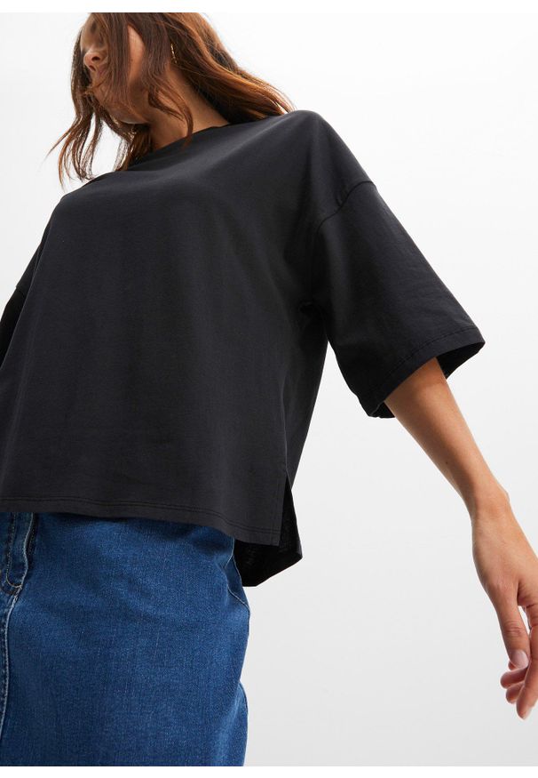 bonprix - Shirt bawełniany oversize, rękaw 1/2. Kolor: czarny. Materiał: bawełna