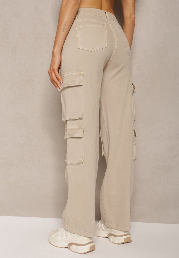 Renee - Beżowe Spodnie Typu Bojówki z Bawełny High Waist z Kieszeniami Zefara. Stan: podwyższony. Kolor: beżowy. Materiał: bawełna