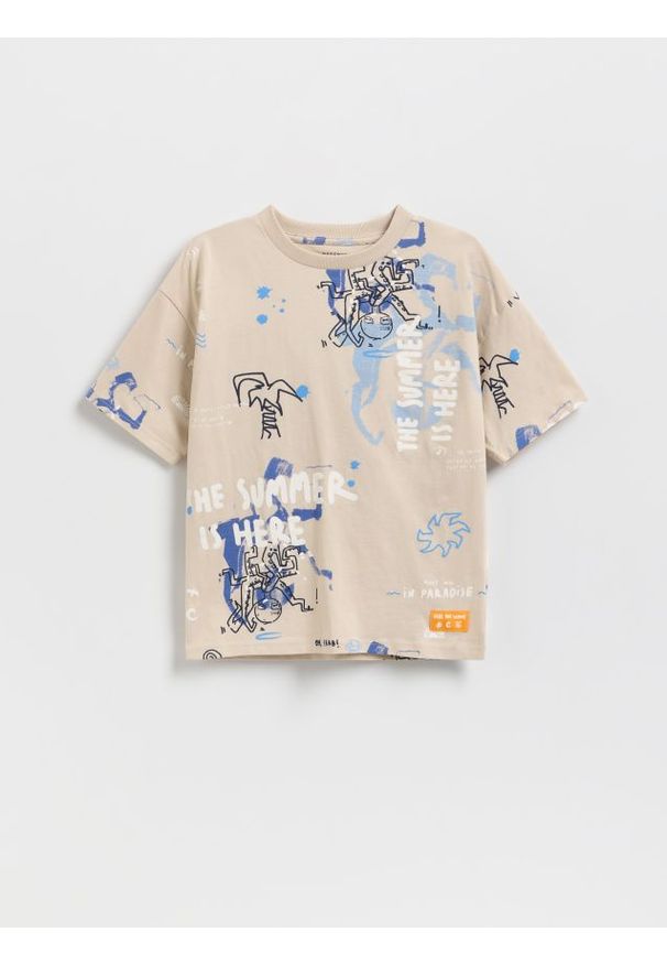 Reserved - T-shirt z nadrukiem - beżowy. Kolor: beżowy. Materiał: bawełna, dzianina. Wzór: nadruk