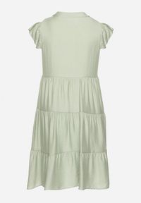 Born2be - Jasnozielona Sukienka o Rozkloszowanym Kroju z Dekoltem w Serek Meverina. Okazja: na co dzień. Typ kołnierza: dekolt w serek. Kolor: zielony. Długość rękawa: krótki rękaw. Wzór: aplikacja. Typ sukienki: proste, rozkloszowane. Styl: casual, elegancki #2