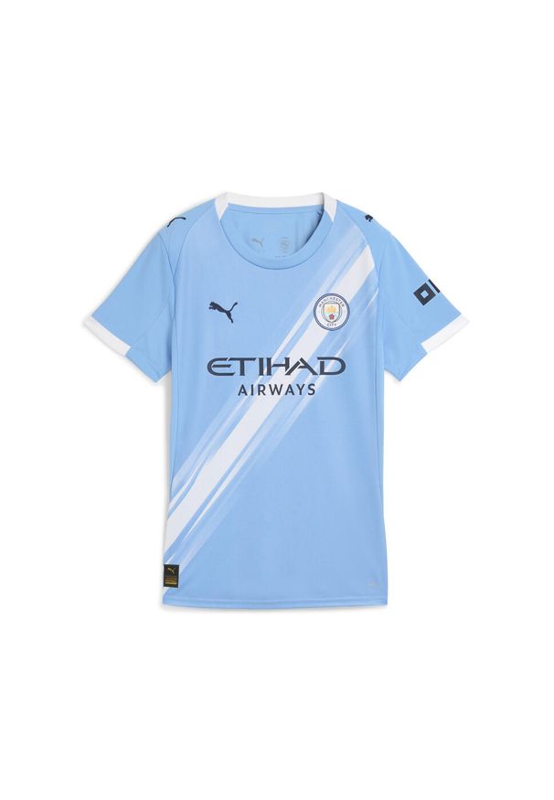 Puma - Damska koszulka domowa Manchester City 25/26 PUMA Team Light Blue White. Kolor: biały, wielokolorowy, niebieski. Wzór: aplikacja, paski
