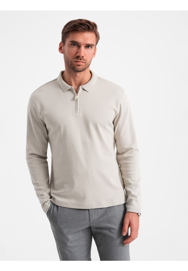 Ombre Clothing - Longsleeve męski z zapinanym na zamek kołnierzykiem polo – popielaty V2 - Rozmiar: XL. Typ kołnierza: polo. Kolor: szary. Materiał: materiał, dzianina, skóra, bawełna. Długość rękawa: długi rękaw. Wzór: aplikacja. Styl: elegancki, sportowy