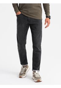 Ombre Clothing - Spodnie męskie jeansowe TAPERED FIT z przeszyciami i podwiniętymi nogawkami – czarne V3 - Rozmiar: L. Okazja: na co dzień. Kolor: czarny. Materiał: jeans. Wzór: aplikacja. Styl: casual, elegancki #6