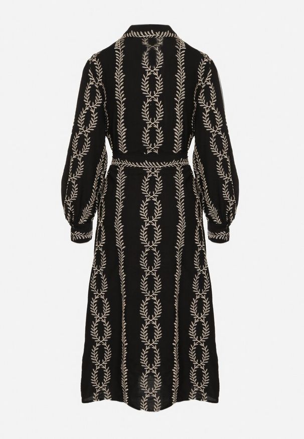 Born2be - Czarna Koszulowa Sukienka z Wiskozy z Wiązanym Paskiem Zdobiona Haftem Rallisia. Okazja: na co dzień. Kolor: czarny. Materiał: wiskoza. Wzór: aplikacja, haft. Typ sukienki: koszulowe. Styl: casual, elegancki, klasyczny