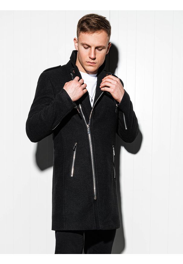 Ombre Clothing - Płaszcz męski na krój ramoneski - czarny V1 C537 - XL. Kolor: czarny. Materiał: poliester
