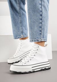 Renee - Białe Trampki na Platformie za Kostkę Blokkie. Okazja: na co dzień. Wysokość cholewki: za kostkę. Kolor: biały. Materiał: jeans, skóra. Obcas: na platformie. Styl: casual #6