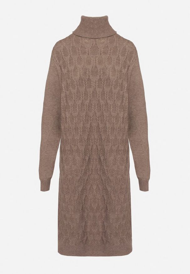 Born2be - Brązowa Sweterkowa Sukienka z Wełną Bawełną i Golfem o Pudełkowym Kroju Akenavia. Okazja: na co dzień. Typ kołnierza: golf. Kolor: brązowy. Materiał: wełna, bawełna. Styl: casual, elegancki