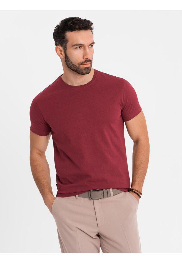Ombre Clothing - Klasyczny T-shirt męski bawełniany BASIC - bordowy V16 - Rozmiar: XL. Okazja: na co dzień. Kolor: czerwony. Materiał: bawełna. Styl: klasyczny