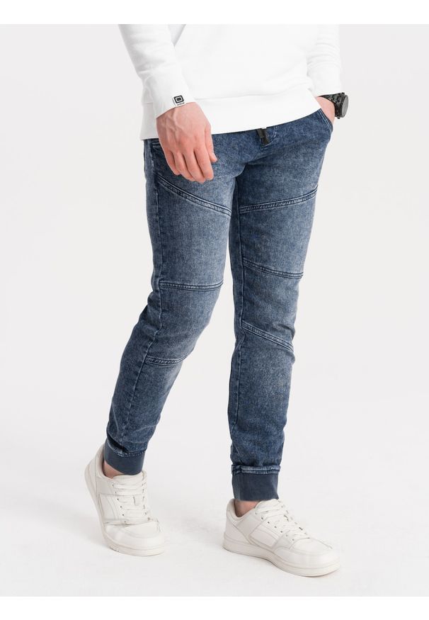 Ombre Clothing - Spodnie męskie marmurkowe JOGGERY z przeszyciami - niebieskie V1 OM-PADJ-0108 - L. Kolor: niebieski. Materiał: jeans, poliester, bawełna