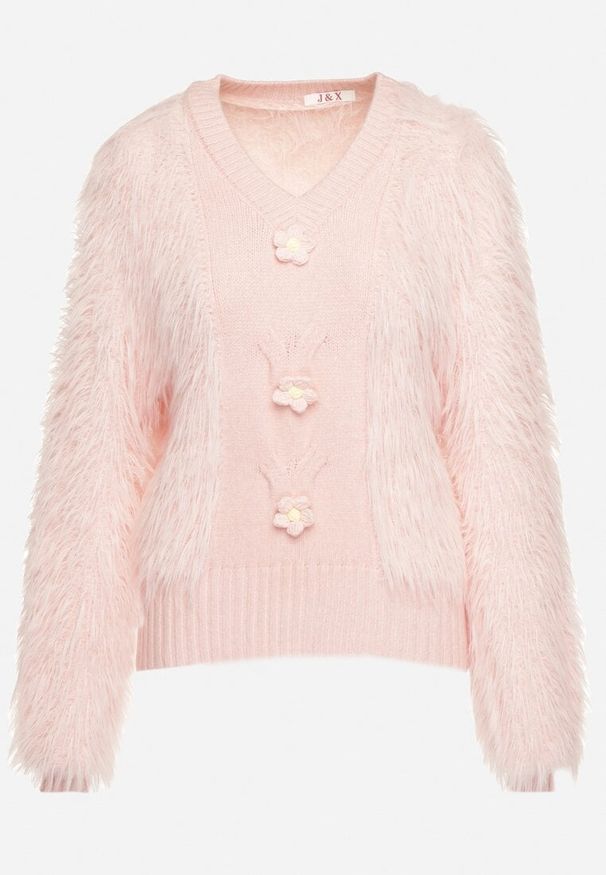 Born2be - Różowy Sweter Futrzany z Ozdobnymi Aplikacjami Kwiatkami i Dodatkiem Wełny Merilinas. Okazja: na spotkanie biznesowe, do pracy, na co dzień. Typ kołnierza: dekolt w kształcie V. Kolor: różowy. Materiał: wełna, futro. Wzór: aplikacja, kwiaty. Styl: klasyczny, biznesowy, casual