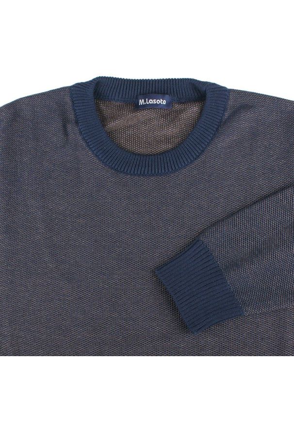 Sweter dla Mężczyzny - Lasota - U-Neck, Melanżowy Splot. Kolor: niebieski. Materiał: akryl, bawełna. Wzór: melanż, ze splotem. Sezon: zima, jesień