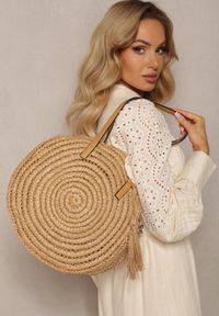 Renee - Beżowa Pleciona Okrągła Torebka Shopperka z Długimi Rączkami i Paskiem Acelema. Kolor: beżowy. Styl: klasyczny, elegancki, casual #3