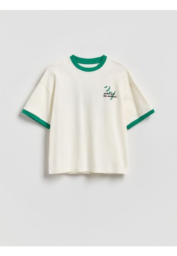 Reserved - Bawełniany t-shirt - złamana biel. Materiał: bawełna