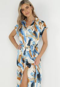 Born2be - Niebieska Koszulowa Sukienka Midi z Materiałowym Paskiem i Krótkimi Rękawami Brala. Okazja: na co dzień, do pracy, na spotkanie biznesowe. Kolor: niebieski. Materiał: materiał. Długość rękawa: krótki rękaw. Sezon: wiosna, lato. Typ sukienki: koszulowe. Styl: biznesowy, klasyczny, casual. Długość: midi #3