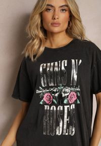 Renee - Ciemnoszary Bawełniany T-shirt z Rockowym Nadrukiem i Okrągłym Dekoltem Tahoma. Okazja: na co dzień. Kolor: szary. Materiał: bawełna. Wzór: nadruk. Styl: rockowy #3