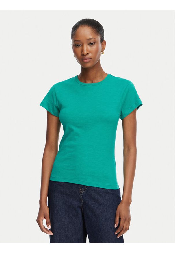 TOMMY HILFIGER - Tommy Hilfiger T-Shirt WW0WW48702 Zielony Slim Fit. Kolor: zielony. Materiał: bawełna