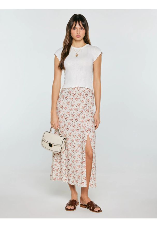 Big-Star - Spódnica damska midi w kwiatowy wzór perłowa Shimenita 103. Kolor: kremowy. Materiał: wiskoza, tkanina. Wzór: kwiaty. Sezon: lato
