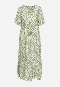 Born2be - Jasnozielona Sukienka z Bawełny i Wiskozy w Abstrakcyjne Paski ze Sznurkiem w Talii Navarae. Okazja: na co dzień. Kolor: zielony. Materiał: bawełna, wiskoza. Wzór: paski. Typ sukienki: proste. Styl: wizytowy, casual #3