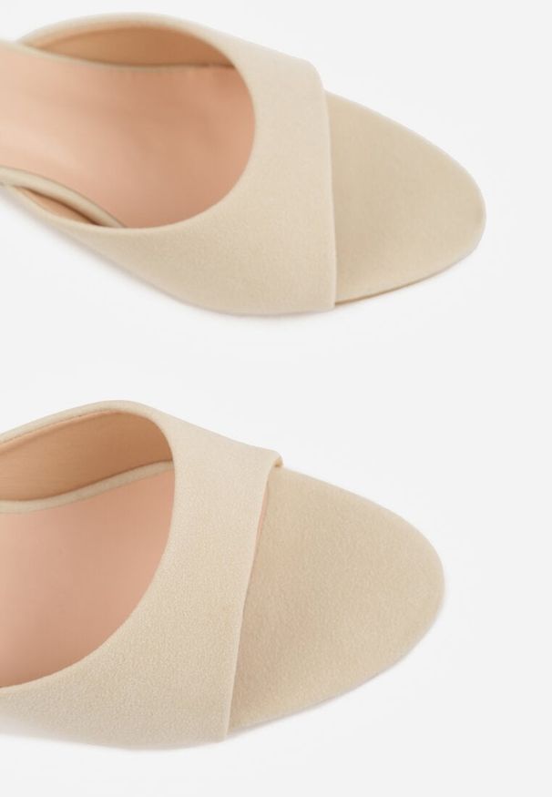 Renee - Beżowe Klapki na Obcasie Kaczuszka z Odkrytym Noskiem Nadah. Kolor: beżowy. Materiał: koronka. Obcas: na obcasie. Styl: elegancki. Wysokość obcasa: średni