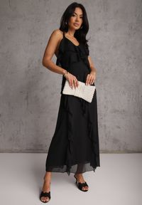 Renee - Czarna Elegancka Sukienka z Taliowaniem Wiązana na Plecach z Falbankami Ocyparia. Okazja: na imprezę. Typ kołnierza: kołnierz z falbankami. Kolor: czarny. Styl: elegancki #3