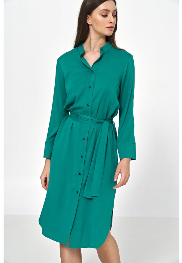 Nife - Sukienka Wiskozowa a’la Koszula - Zielona. Kolor: zielony. Materiał: wiskoza. Typ sukienki: koszulowe