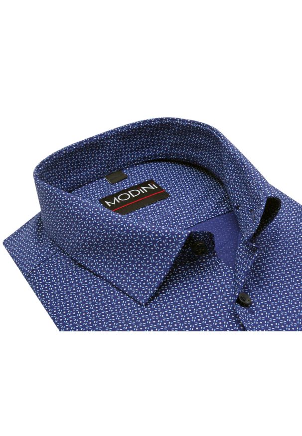Granatowa elastyczna koszula męska Modini ze wzorem DD12. Kolor: niebieski. Materiał: tkanina, bawełna, elastan. Długość: długie