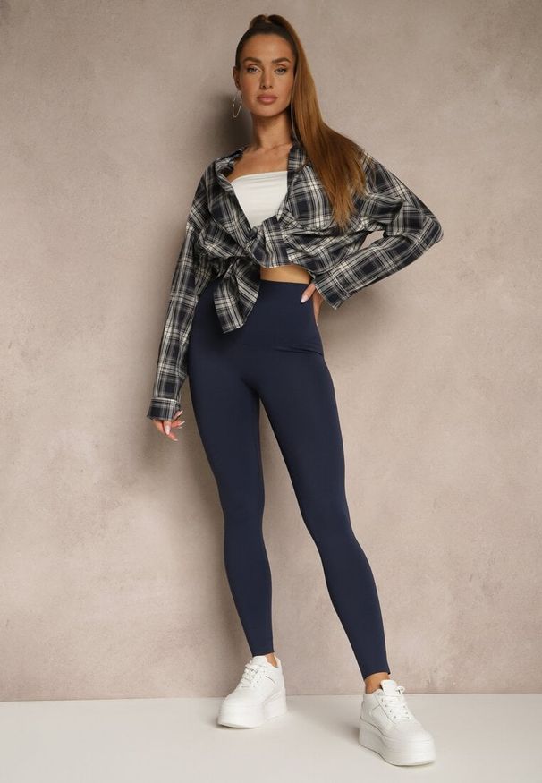 Renee - Granatowe Basicowe Legginsy High Waist Tofelia. Stan: podwyższony. Kolor: niebieski. Materiał: tkanina
