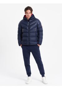 Ombre Clothing - Nowoczesna pikowana męska kurtka z łączonych materiałów – granatowa V2 - Rozmiar: XXL. Typ kołnierza: kołnierzyk stójkowy. Kolor: niebieski. Materiał: materiał. Długość: długie