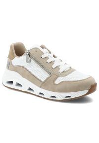 Sneakersy damskie Rieker, cholewka ze skóry ekologicznej i materiału tekstylnego o dynamicznej sportowej sylwetce z panelową konstrukcją sznurowanie. Okazja: na co dzień. Zapięcie: sznurówki. Kolor: biały. Materiał: materiał, skóra ekologiczna. Szerokość cholewki: normalna. Wzór: aplikacja #2