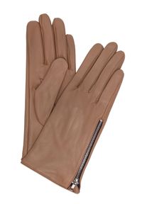 Ochnik - Skórzane rękawiczki damskie z suwakiem. Kolor: beżowy. Materiał: skóra. Wzór: aplikacja. Styl: elegancki