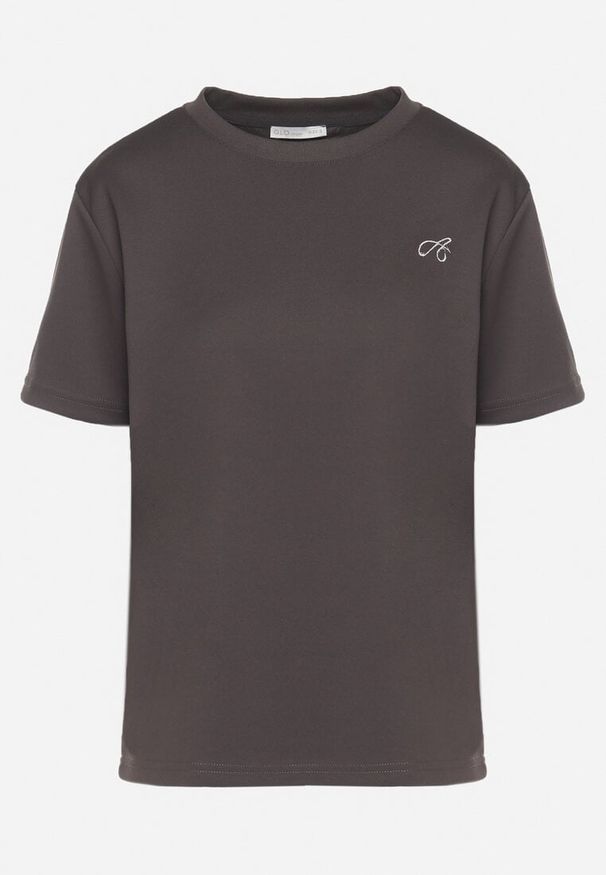 Born2be - Ciemnoszary T-shirt z Małym Haftem Natavira. Okazja: na co dzień. Kolor: szary. Materiał: jeans. Wzór: haft. Styl: klasyczny, casual, elegancki