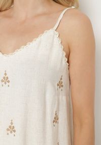 Born2be - Beżowy Top z Lnem i Wiskozą z Haftem w Stylu Boho Ronira. Okazja: na co dzień. Kolor: beżowy. Materiał: wiskoza, len. Długość rękawa: na ramiączkach. Wzór: haft. Sezon: lato. Styl: boho #3
