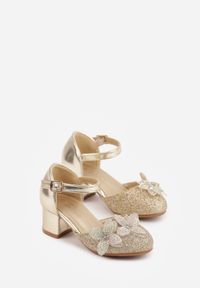 Born2be - Złote Sandały na Niskim Obcasie Ozdobione Brokatem Cyrkoniami i Kwiatami 3D Venatia. Kolor: złoty. Wzór: aplikacja, kwiaty #4